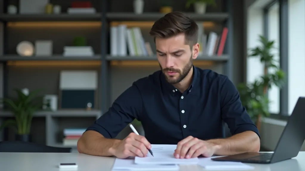 Andris Ozols, kas strādā prie portatīvā datora un datordrošības dokumentācijas