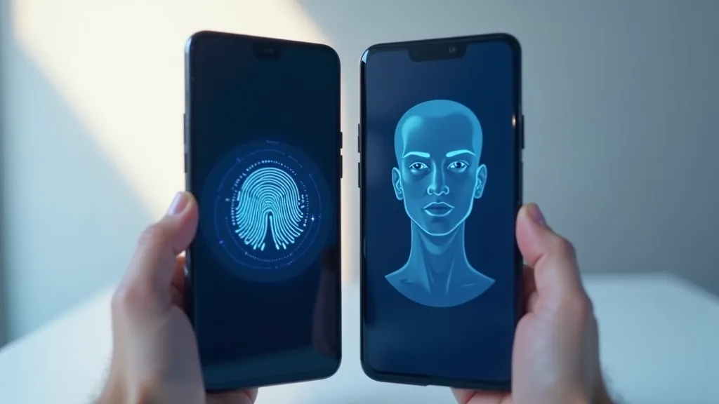 Divi viedtālruņi ar biometrijas autentifikācijas ikoņām ekrānā